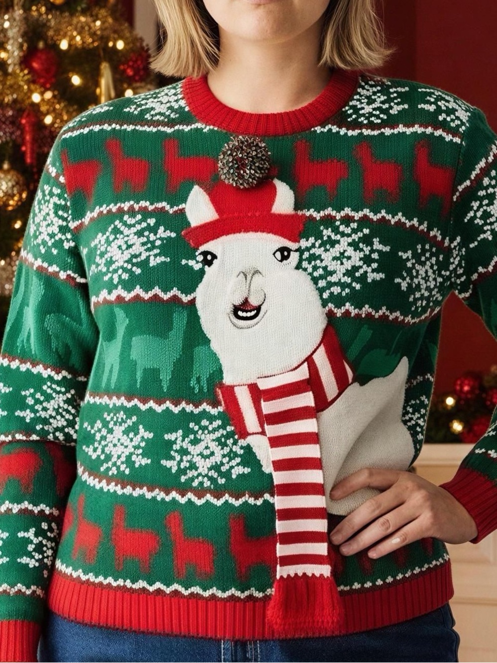 Holiday, Ugly Christmas Unisex Llama Knit Sweater - Large